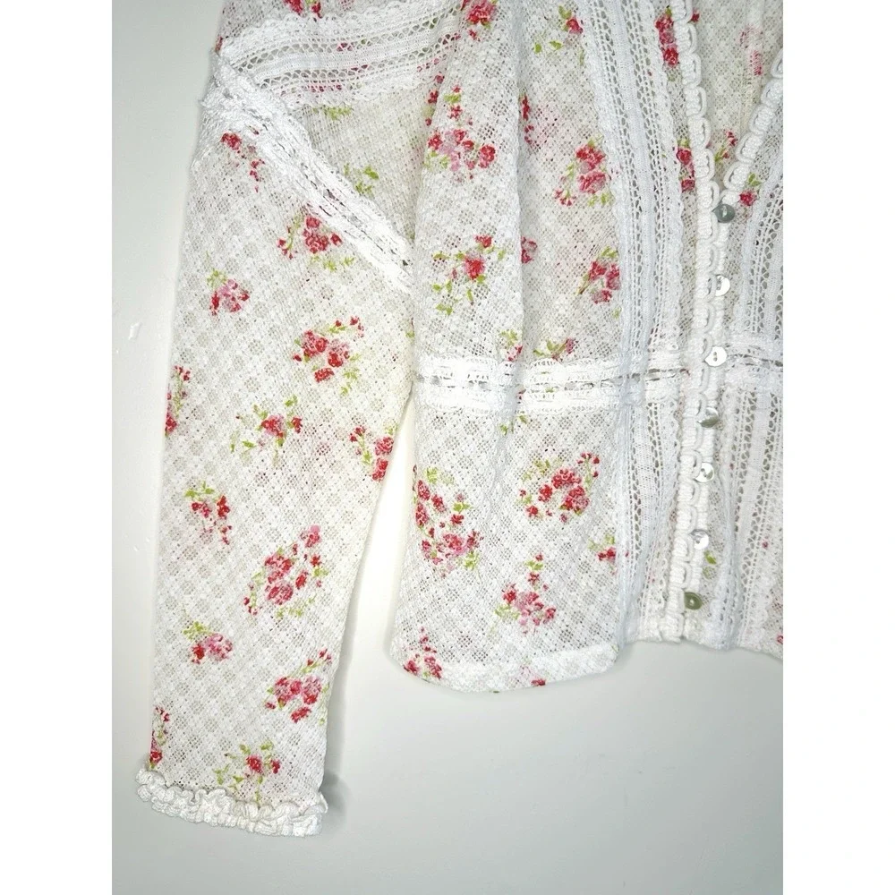 Free People Kika Printed Top Floral Lace Cardigan White Pink M Coquette Cutecore - Picture 7 of 16